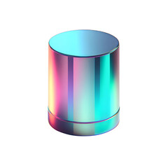 Holographic metallic cylinder with vertical iridescent reflections, isolated 3D object on white