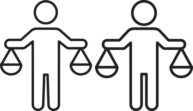 Two stylized figures holding scales of justice, representing fairness, law, and equality in a minimalist, modern vector graphic.