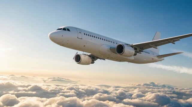 Sustainable aviation fuel airplane flying over clouds with eco icons and green leaf symbols promoting renewable, low carbon, eco friendly aviation
