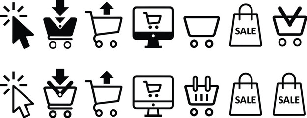 E‑commerce shopping icons set, online store, cart actions, sale bag, cursor click, basket, checkout, retail, purchase, digital commerce © MD