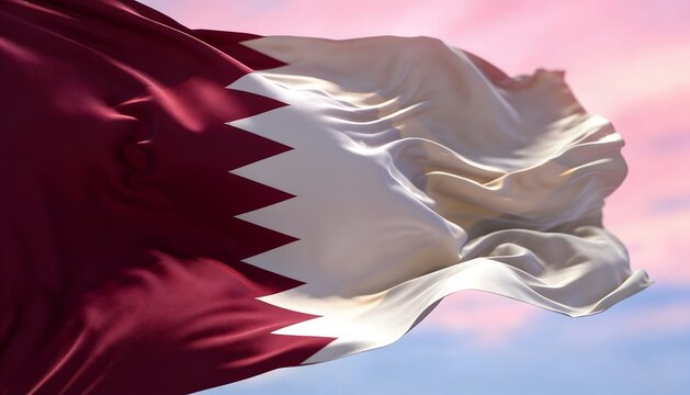 Qatar national flag waving against soft pastel sky background