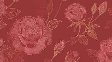 A beautiful rose pattern with golden lines on a red background