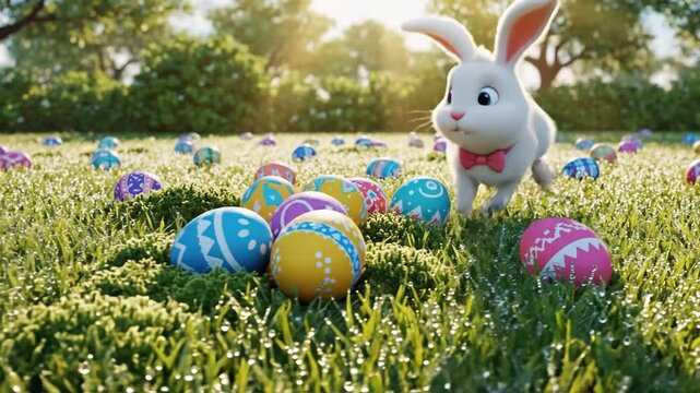 White Rabbit Bounding Through Dewcovered Grass Dotted With Decorated Eggs At Sunrise, Lively Hop, Golden Backlight, Expansive Meadow Full Of Color, Joyful Spring Energy, Animated Family Scene.