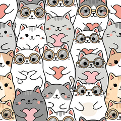 Naklejka premium Adorable Kawaii Cats Wearing Glasses Holding Hearts Pattern