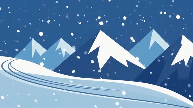 Abstract Minimalist Winter Mountain Landscape with Snowfall Animation