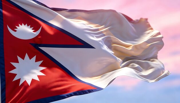 Nepal national flag waving against soft pastel sky background