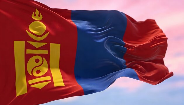 Mongolia national flag waving against soft pastel sky background