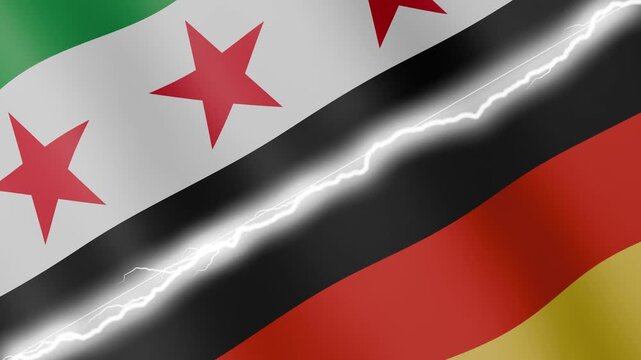 Two waving flags Syria and Germany with diagonal lightning seamless, 4k loop