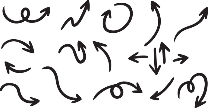Collection of hand-drawn doodle arrow set. Set of brush strokes of curly arrow collection. Sketch curved arrows design