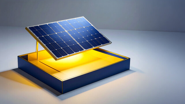 Solar panel structure on blue base with yellow light illumination. Representation of renewable energy, sustainability, and power generation. Studio photography for technology and industry sectors. 202