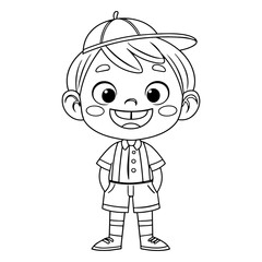 Obraz premium Cartoon boy wearing a baseball cap and shorts, smiling with hands in pockets, black and white