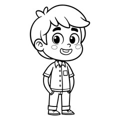 Obraz premium Cheerful cartoon boy with hands in pockets wearing a collared shirt and pants on white background Keywords: boy, child, cartoon, character, drawing, outline