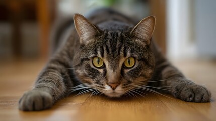 A striped tabby cat lies on a wooden floor alert with striking yellow eyes focused forward
