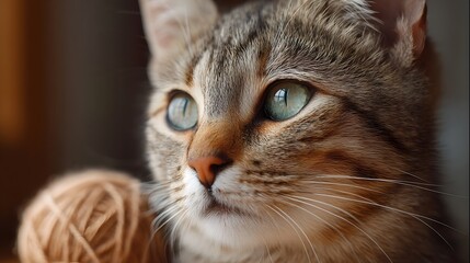 Fototapeta premium A close up portrait of a tabby cat with striking green eyes looking to the side with a ball of yarn blurred in the foreground