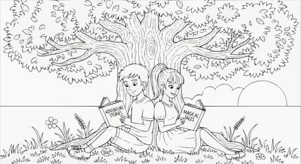 Coloring page for children - children reading adventure stories under a tree in a playful mood against a nature background