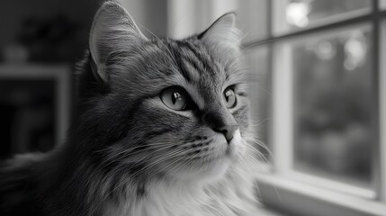 Black and white portrait of a fluffy tabby cat gazing thoughtfully out of a window with a blurred background
