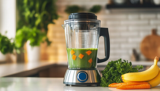 Blender with healthy smoothie and ingredients on table in kitchen