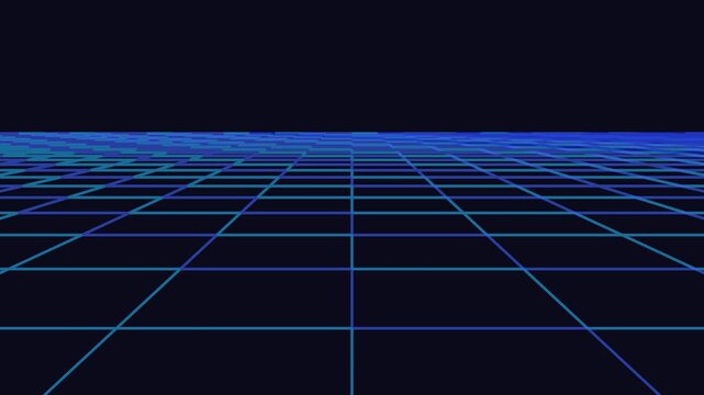 Blue wireframe planes move towards camera. neon grid animation background video with glowing net cyberpunk style. 4k video