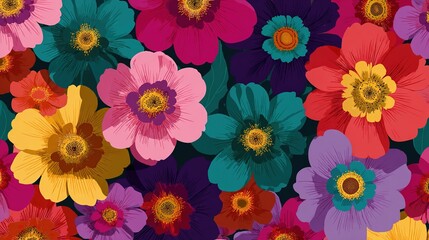 A vibrant and colorful floral pattern with many flowers