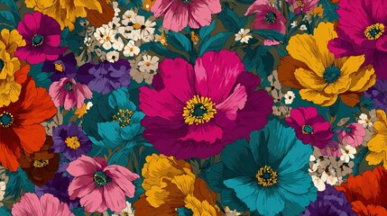 A vibrant floral pattern featuring a diverse array of colorful flowers