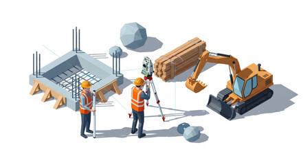 Construction Workers and Excavator Equipment. © milah