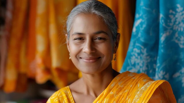 Smiling mature asian female in colorful traditional attire