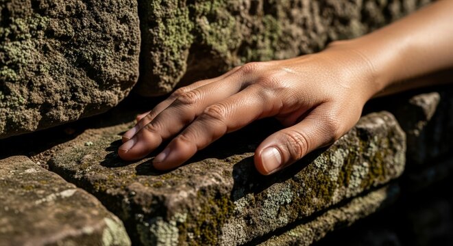 Hand Touching Ancient Stone Wall Closeup.