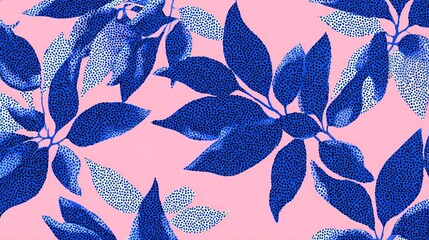 A vibrant floral pattern with blue leaves on a pink background