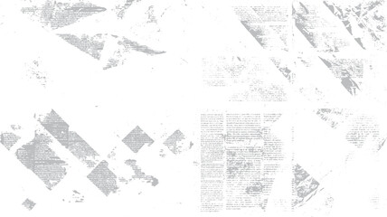 Obraz premium Textured grey geometric shapes and text fragments on white background. Distressed abstract pattern