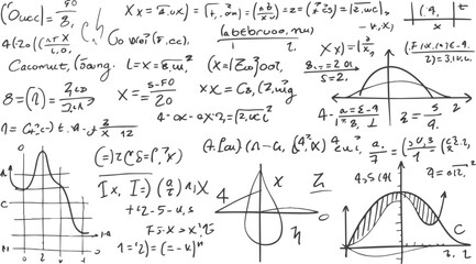 Handwritten mathematical equations and graphs on a white background with sketched diagrams and symbols © AVADA