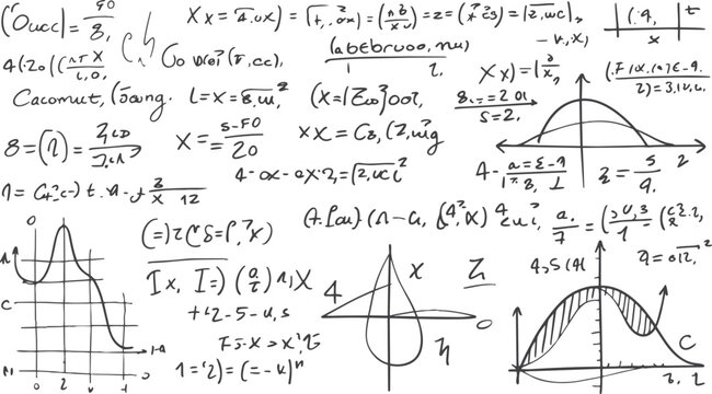 Handwritten mathematical equations and graphs on a white background with sketched diagrams and symbols
