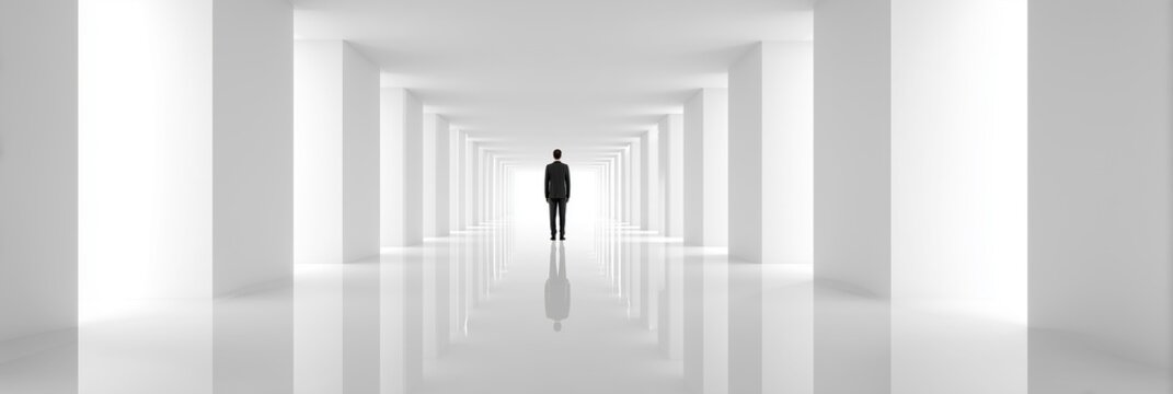 Business Leader Standing in Futuristic Corridor with Large Copy Space