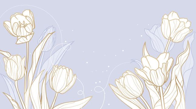 Tulips line art on light blue background. Elegance luxury spring flowers design template. Vector floral illustrations.