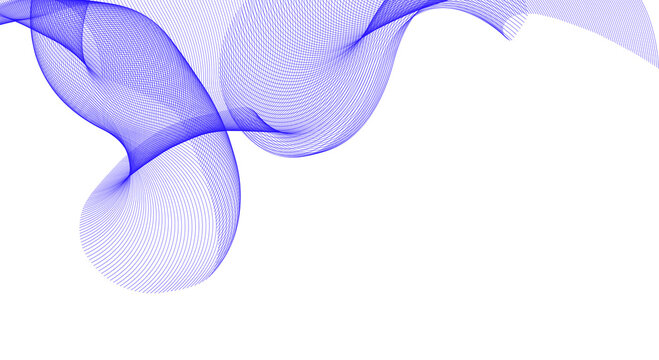 Abstract digital art features vibrant blue glowing swirling wave patterns constructed from fine parallel lines against a stark black background design.