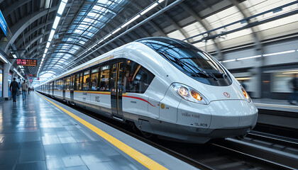 Modern train speeding through a sleek urban transit station