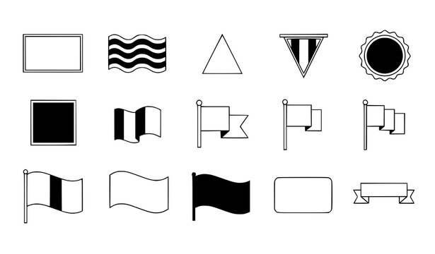 Editable flat flag icons set with rectangle, wavy, pennant, badge, and ribbon shapes
