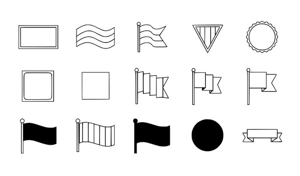 Editable flat flag icons set with rectangle, wavy, pennant, badge, and ribbon shapes