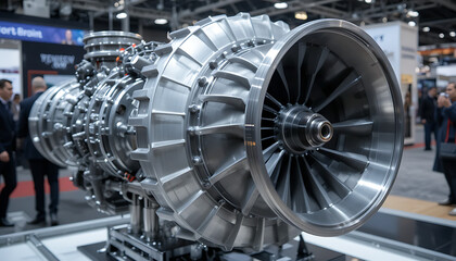 Large industrial jet engine on display at exhibition
