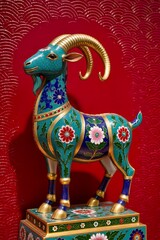 Fototapeta premium Graceful goat statue with detailed cloisonné patterns, glowing gold rim light, ornamental floral motifs, luxurious symmetrical presentation, red background, embossed wave patterns, elegant composition