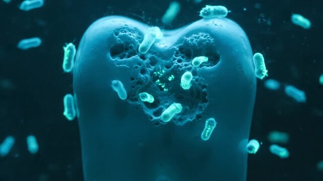 Microscopic view of a tooth decaying due to bacterial infection and cavities, illustrating dental health issues and oral hygiene concerns