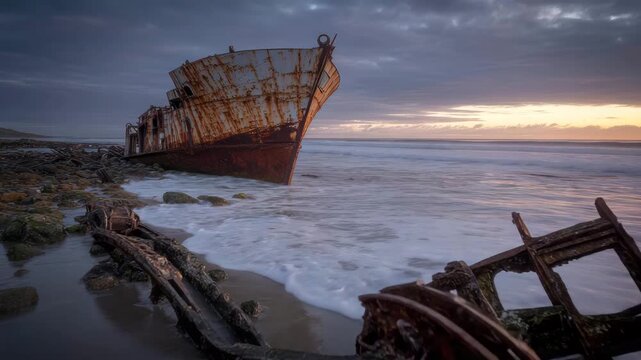 Dramatic shipwreck on rocky beach at dusk with rusting hull