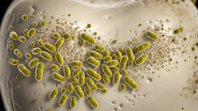 Microscopic view of numerous rod-shaped bacteria clustered on a surface, emphasizing the spread of microorganisms and potential health implications