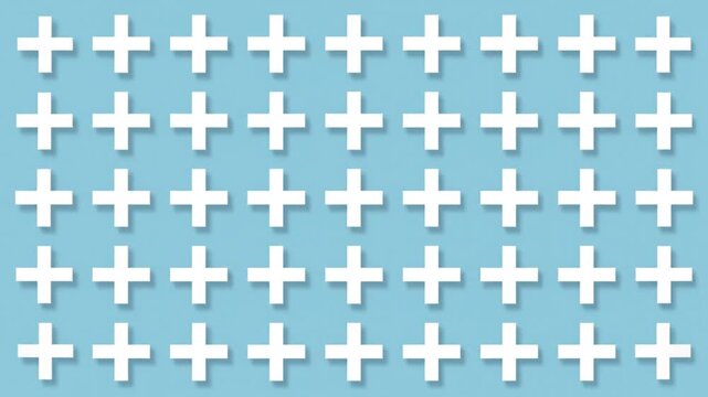 A graphic design of multiple white plus signs arranged in rows on a light blue background with a clean and simple composition.