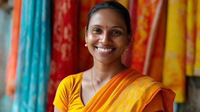 Smiling young asian female in vibrant traditional attire surrounded by colorful fabrics
