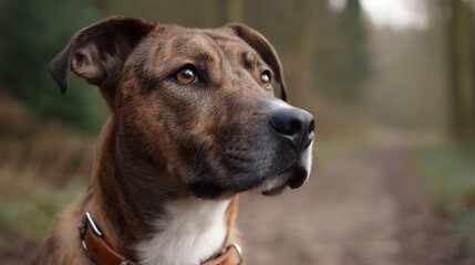 A close up portrait of a brindle dog with warm eyes looking attentively into the distance on a woodland path