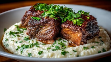 A serving of beef accompanied by mashed potatoes and green herbs