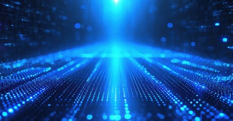 Obraz premium Bright blue digital tunnel. Lines converge toward distant light source. Futuristic, abstract data stream effect. Dark background enhances glow.