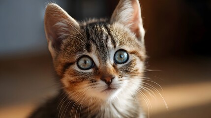 Close up portrait of a curious young tabby kitten with striking blue eyes bathed in warm sunlight creating high contrast lighting