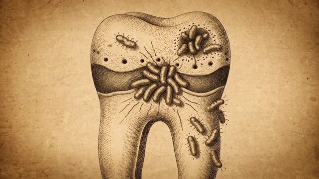 Detailed illustration portraying a human tooth ravaged by harmful bacteria, visually representing advanced dental decay, cavities, and the critical need for effective oral hygiene practices