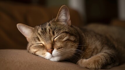 Fototapeta premium A serene tabby cat sleeps peacefully on a soft brown couch its eyes closed in a quiet moment of rest